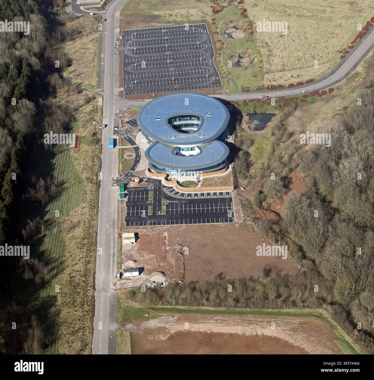 aerial view of an 8 shaped building at the Science Park of Keele University, Staffordshire, UK