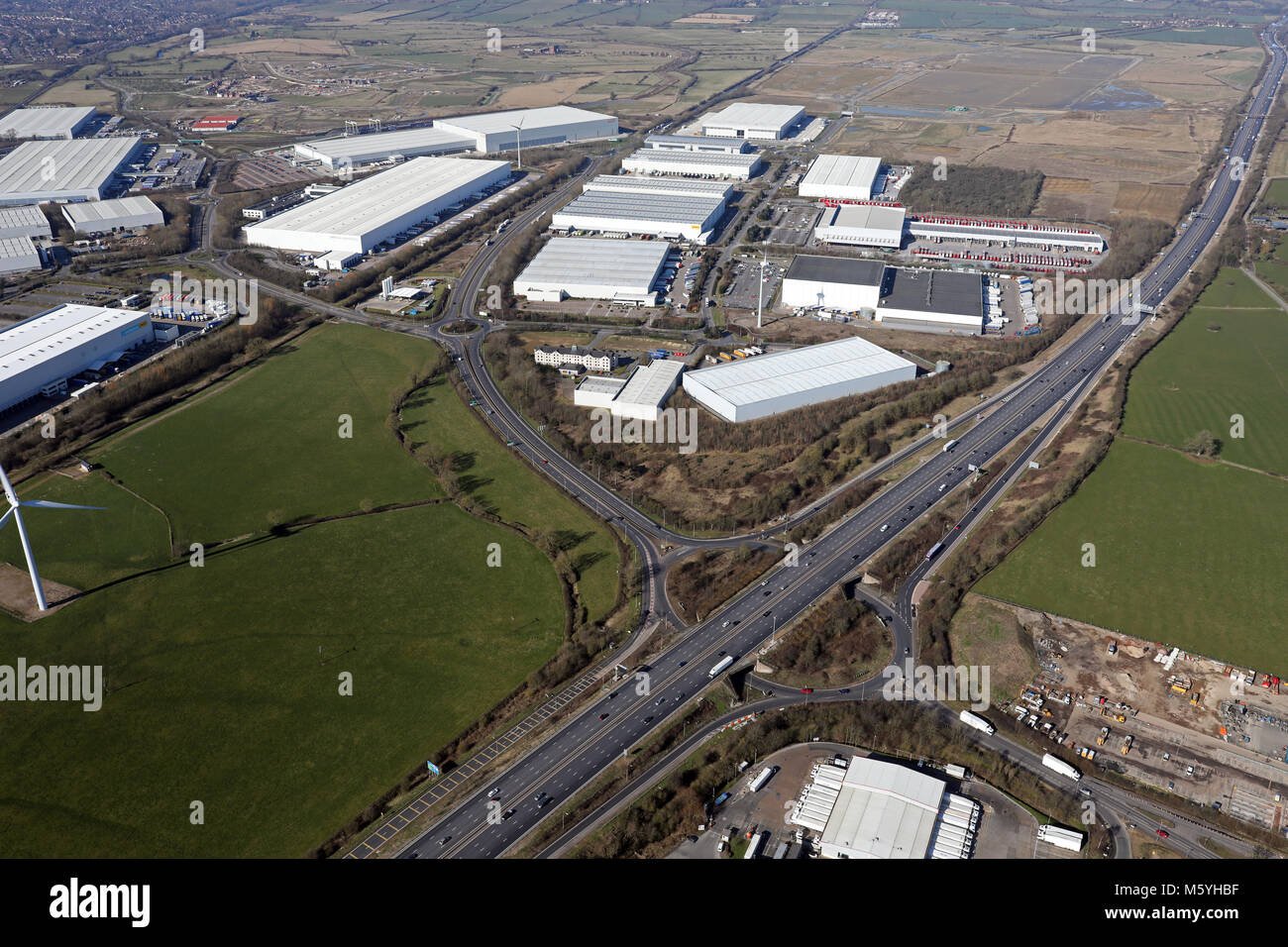 aerial view of Industrial & Business Units at junction 18 of the M1 motorway, near Daventry, UK Stock Photo