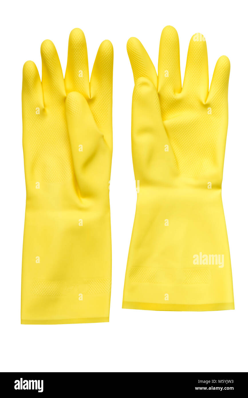 Washing up gloves isolated or cut out on a white background. Yellow rubber gloves. Stock Photo