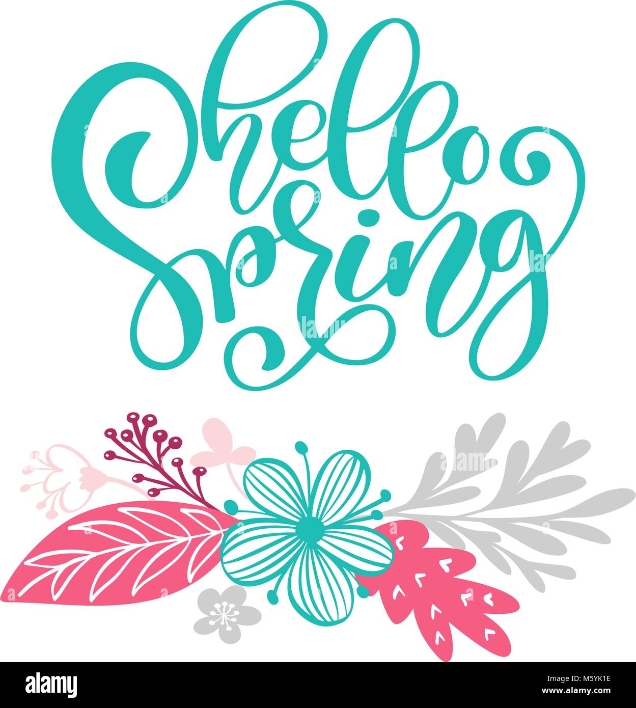 Hello Spring Hand drawn text and design for greeting card. Trendy hand ...