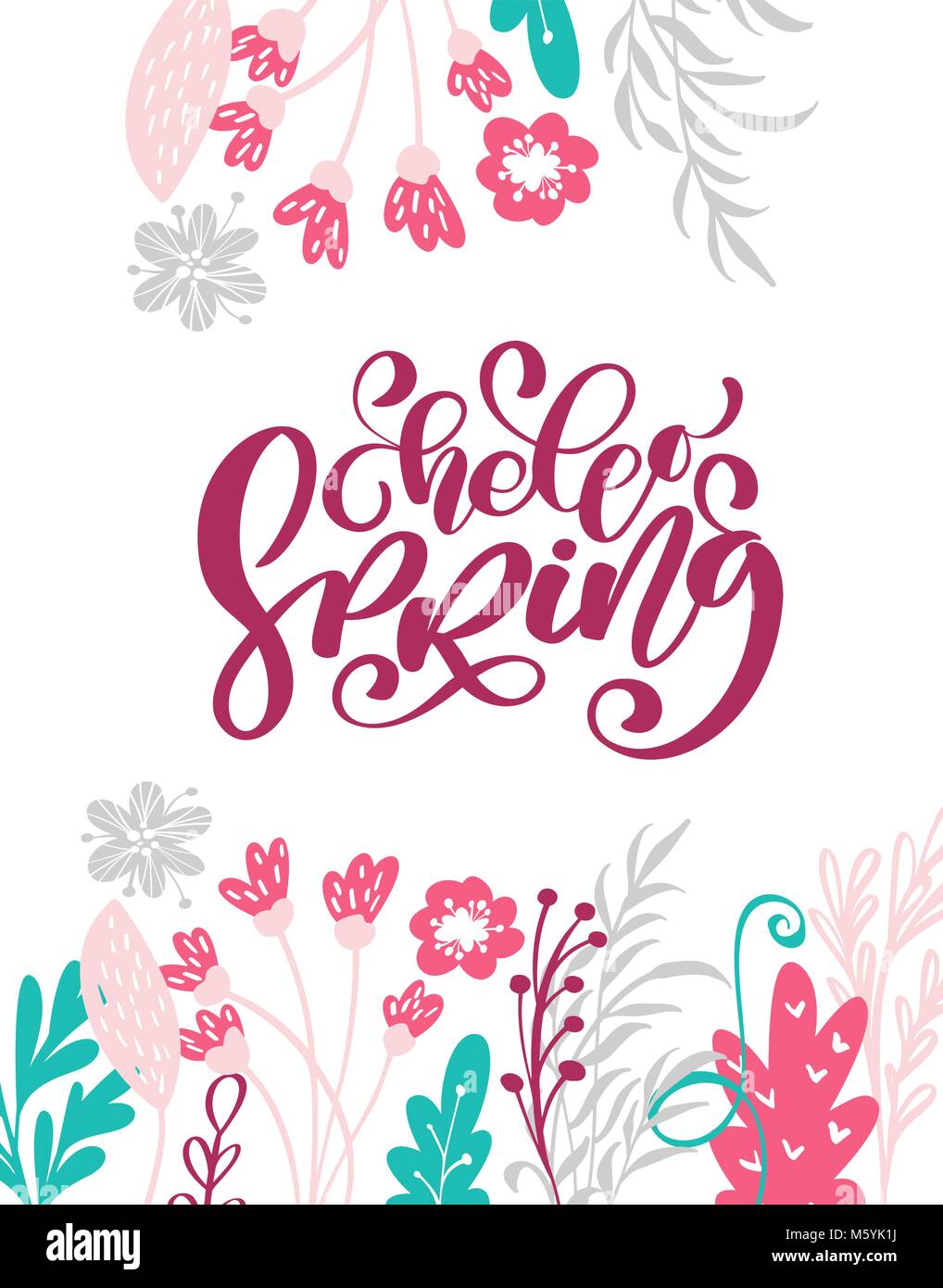 Hello Spring Hand drawn text and design for greeting card. Trendy hand ...