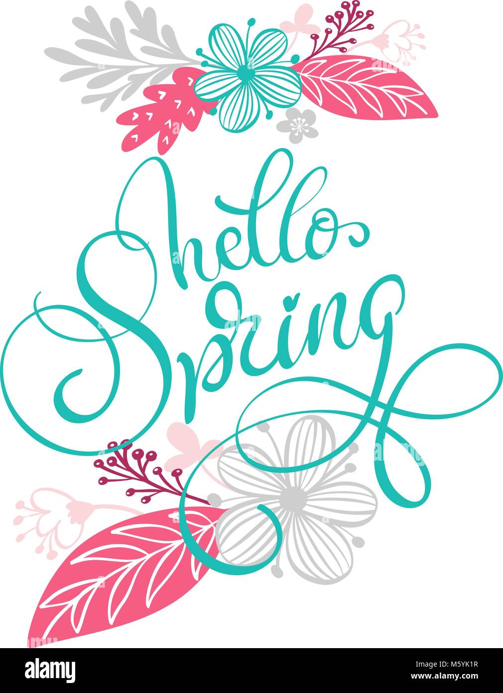 Hello Spring Hand drawn text and design for greeting card. Trendy hand ...