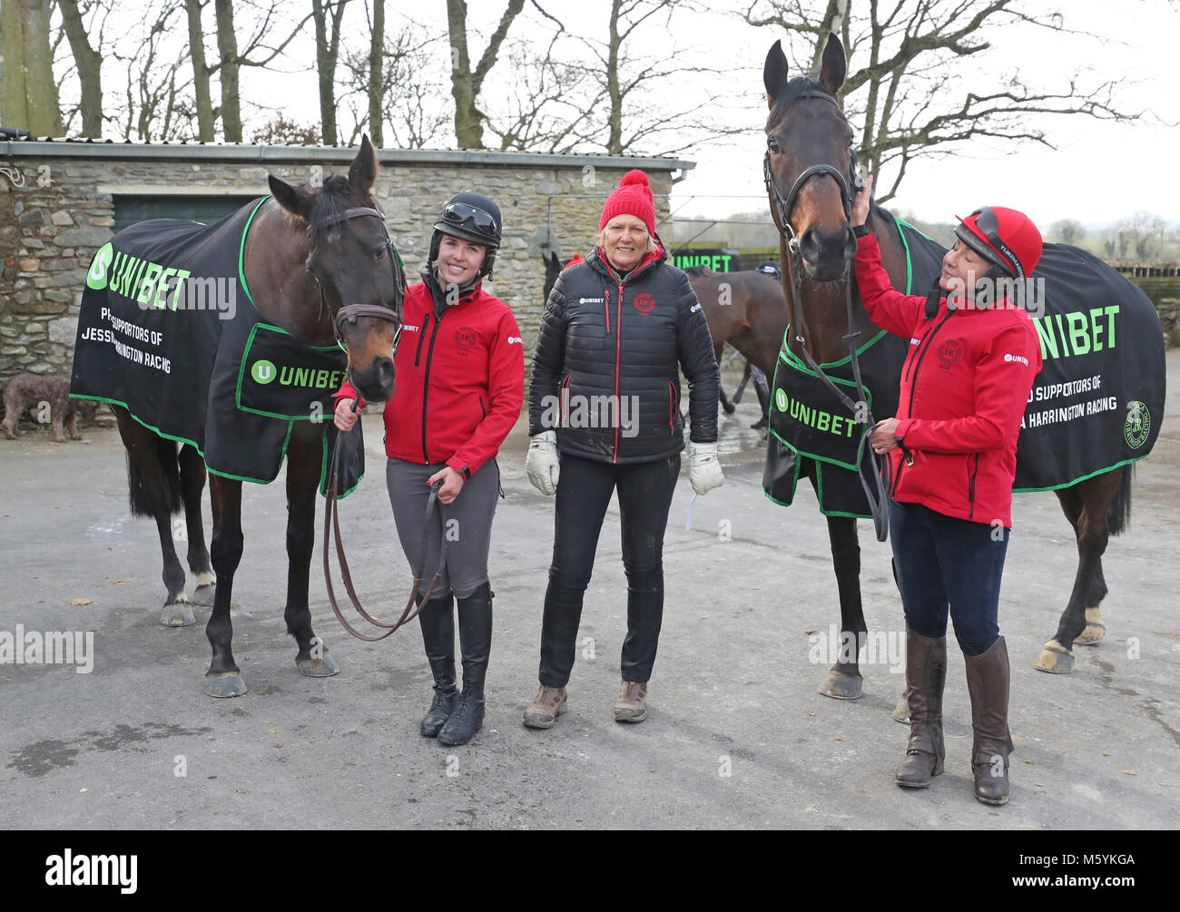 From left to right) Sizing John with Kate Harrington, Jessica Harrington,  Our Duke and Tracy Piggott during the visit to Commonstown Stables in  Moone, Ireland Stock Photo - Alamy