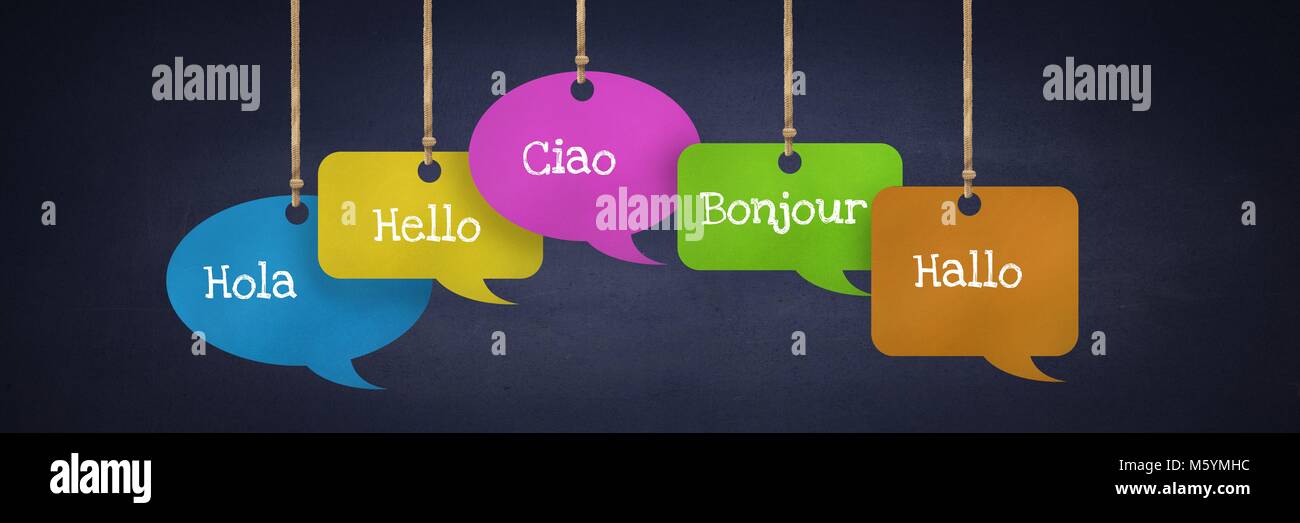 Different Languages text on hanging paper speech bubbles Stock Photo ...