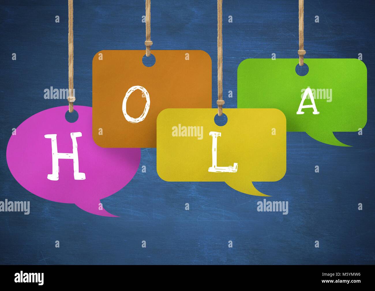 Hola text on hanging paper speech bubbles Stock Photo