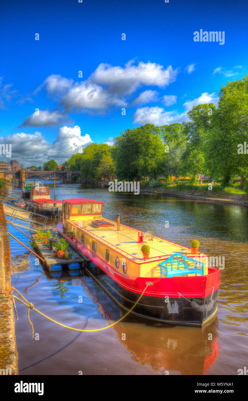 York UK colourful barges and boats on the River Ouse in hdr Stock Photo
