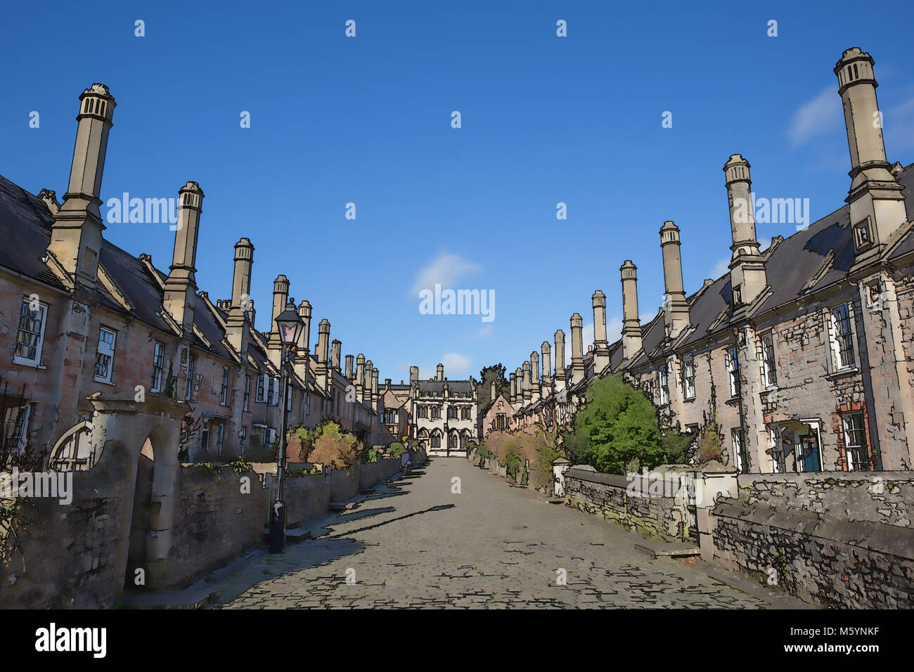 Vicars Close next to Wells Cathedral Somerset uk historic row of cottages, houses and chimneys Stock Photo