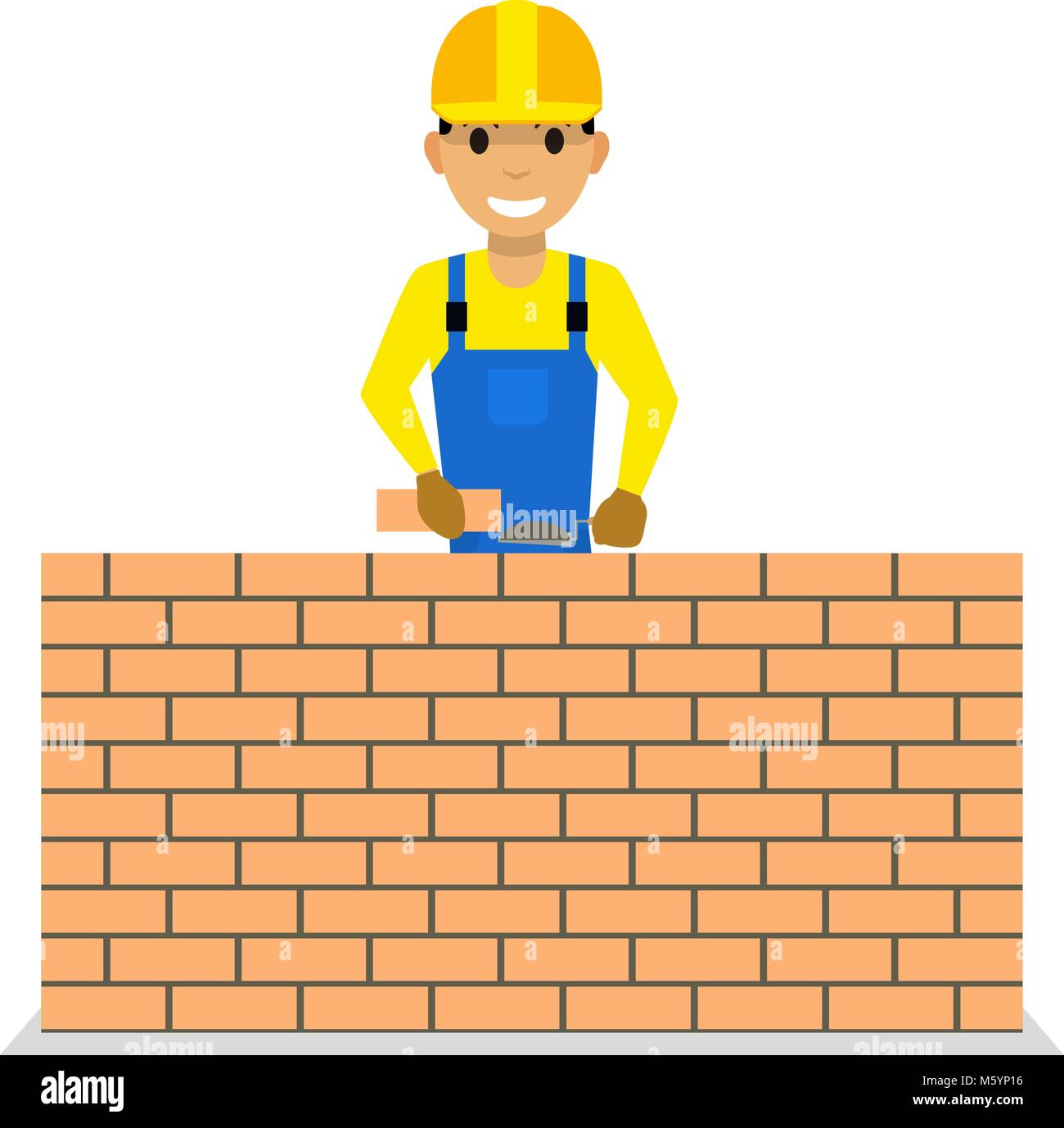 Vector cartoon bricklayer is building a brick wall Stock Vector