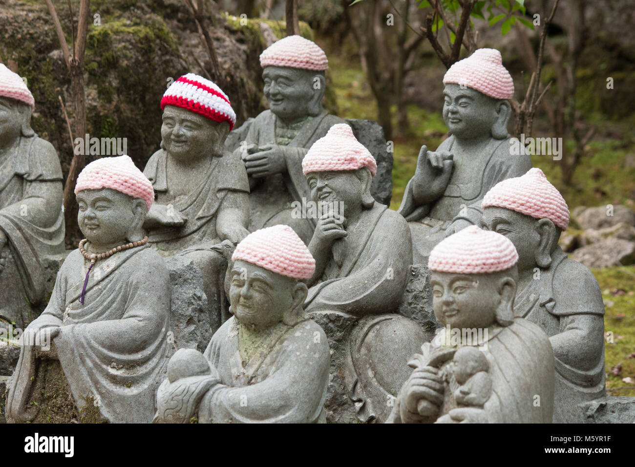 Daishō-in or Daisyō-in is a historic Japanese temple complex on Mount Misen. Five hundred of Shaka Nyorai’s disciples statues guide you to the temple. Stock Photo