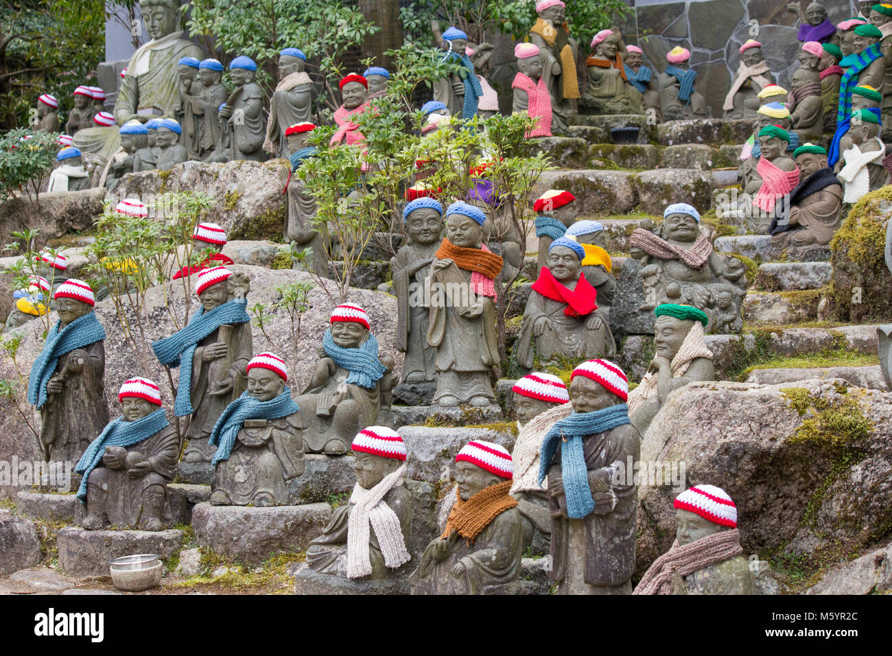 Daishō-in or Daisyō-in is a historic Japanese temple complex on Mount Misen. Five hundred of Shaka Nyorai’s disciples statues guide you to the temple. Stock Photo