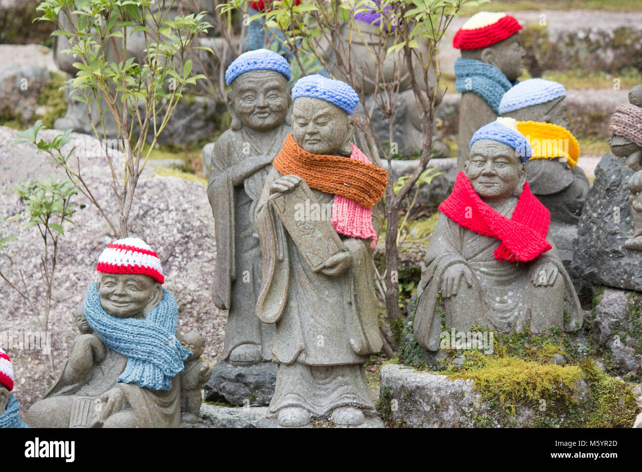 Daishō-in or Daisyō-in is a historic Japanese temple complex on Mount Misen. Five hundred of Shaka Nyorai’s disciples statues guide you to the temple. Stock Photo