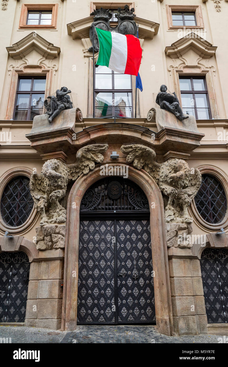 Prague, Czech Republic - October, 6, 2017: Baroque facade of the entrance of the Italian embassy in Prague in the Thun-Hohenstein Palace Stock Photo