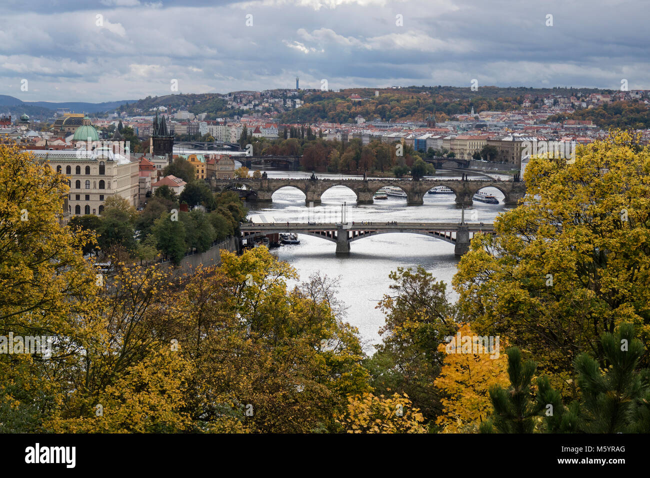 Prague, Czech Republic - October 8, 2017: Bridges over the Moldau river in Prague in autumn Stock Photo
