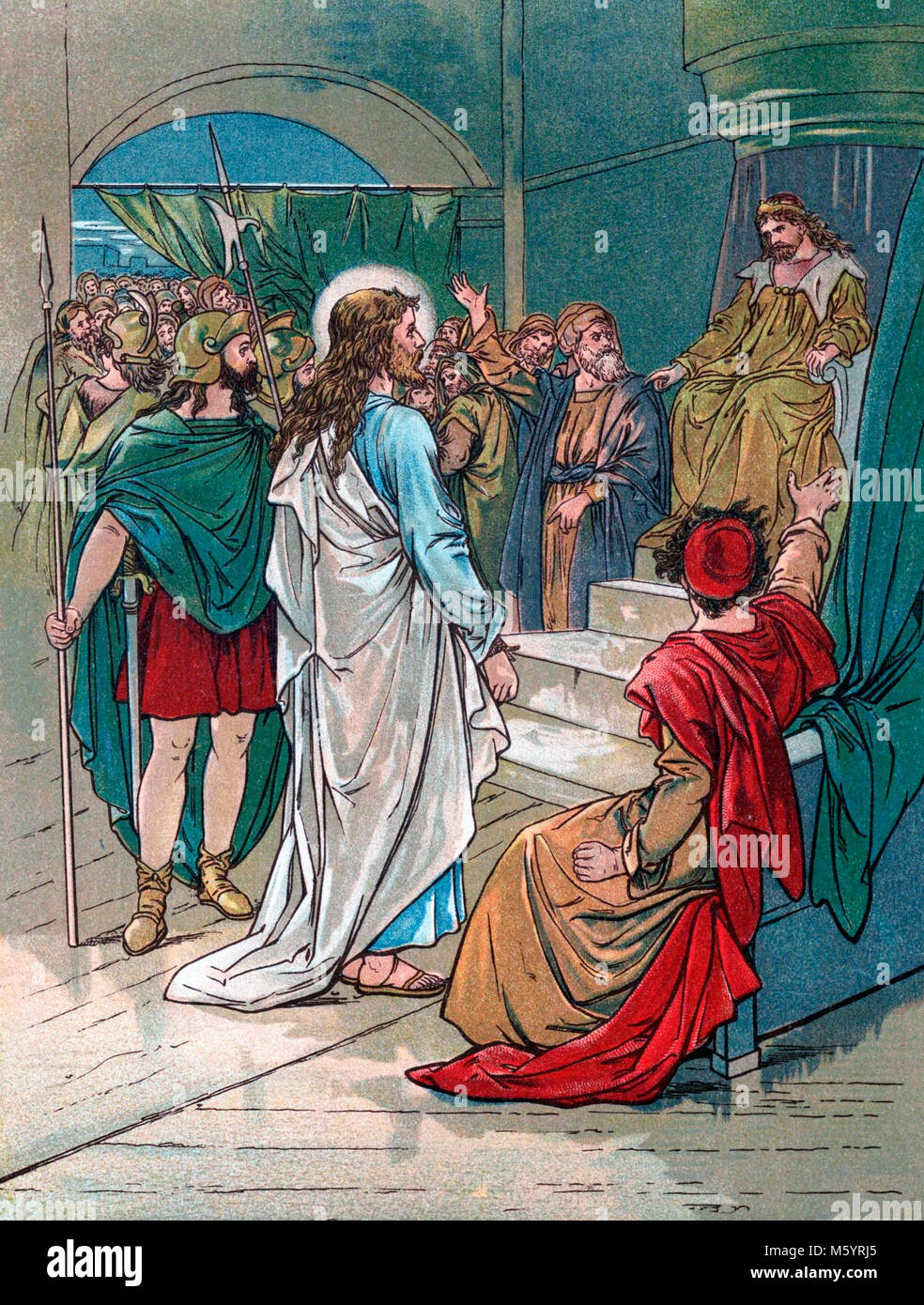 Jesus appearing before Pontius Pilate. Illustration from 'A Child's Story of the Bible' by Mary Lathbury, published in 1898. Stock Photo