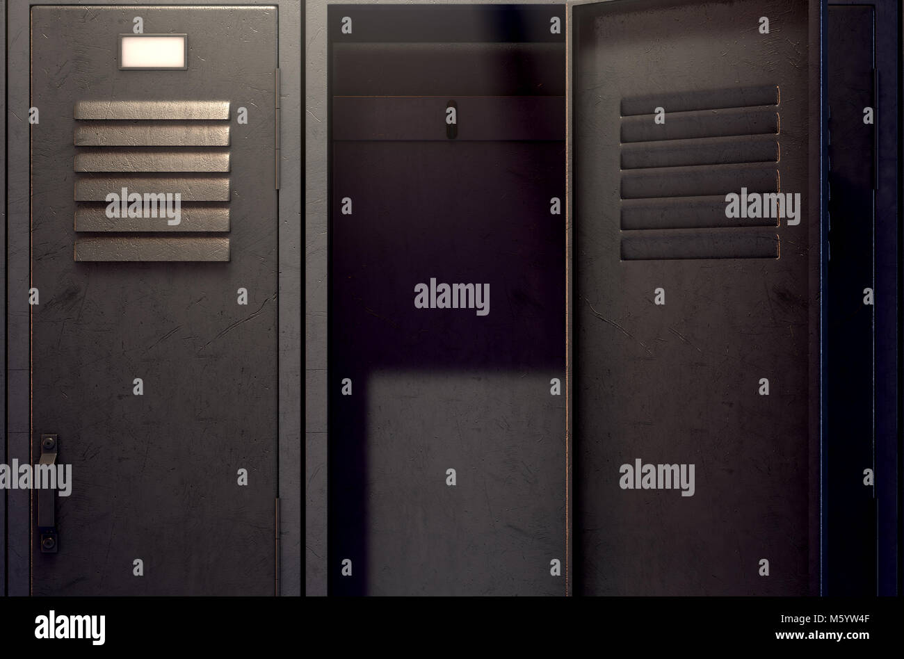 A row of metal gym lockers with one open door revealing tan empty interior - 3D render Stock Photo