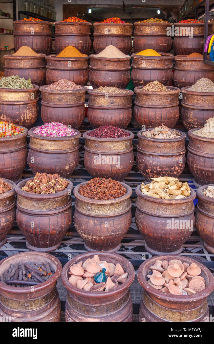 Herbs and spices in pots, shop, Marrakech, Morocco, North Africa Stock