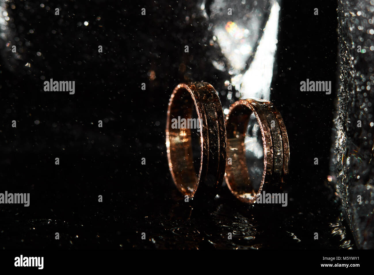 Golden wedding rings for bride and groom standing on the sides Stock ...