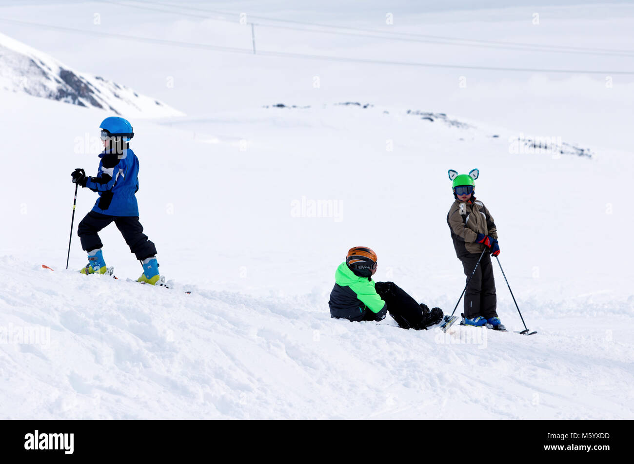 children skiing in Flims Switzerland Stock Photo
