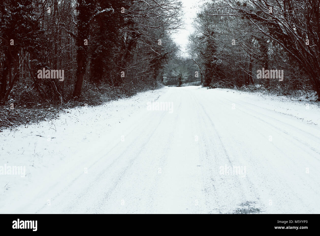 Snow on the road in South Lincolnshire Stock Photo