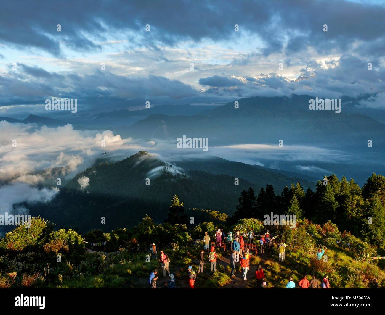 Ghorepani Poon Hill, Nepal, september 27, 2013: one of the most visited Himalayan view points in Nepal, Tourist looking to snow capped Himalaya Stock Photo
