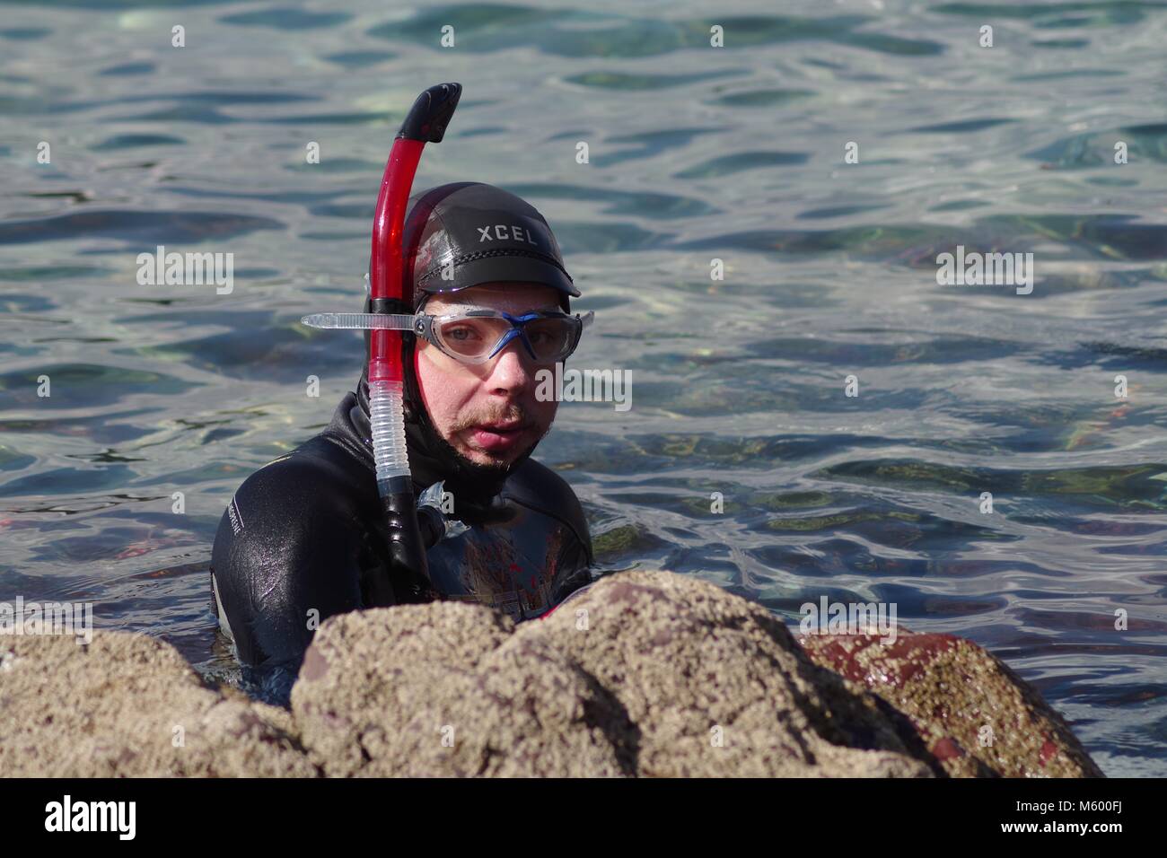 Young Male Snorkeller in Wetsuit Exploring the Submarine World of Beach,