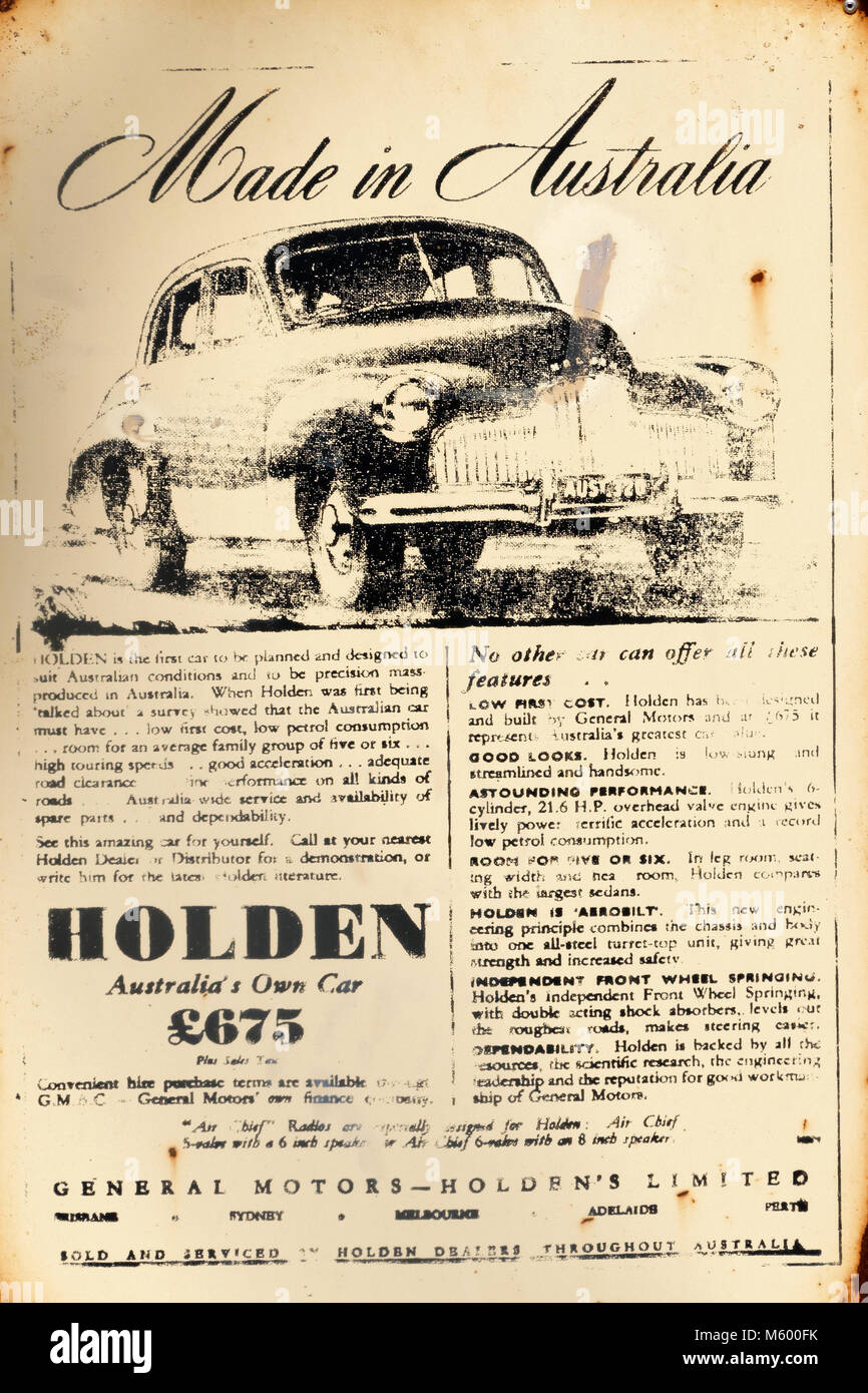 Old historical General Motors Holden car advertisement, Australia Stock Photo