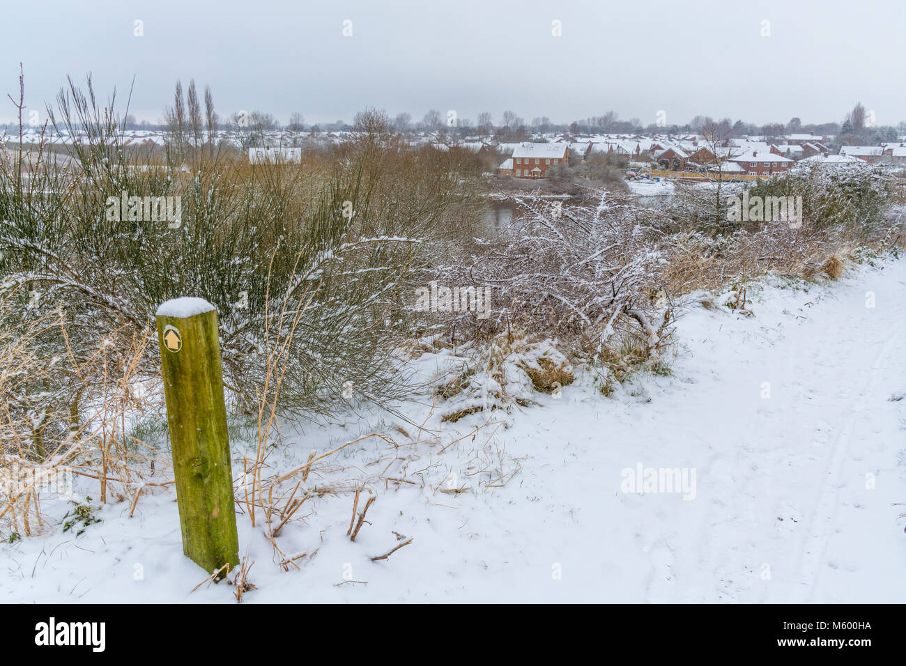 A view of the snow covered scenery at Woolston Eyes in Warrington ...