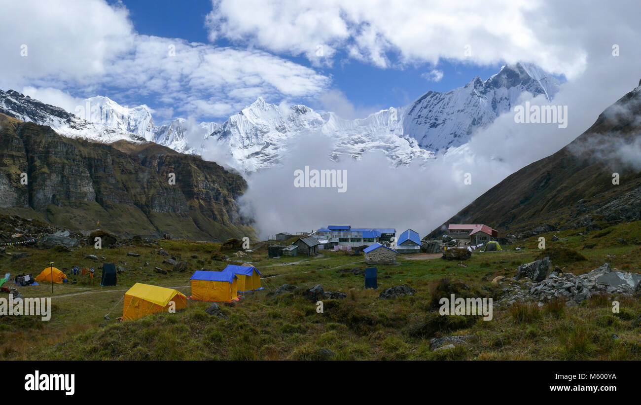 Panorama from Annapurna Base camp, Amazing view to Mount Machapuchare, Fishtail mountain Stock Photo