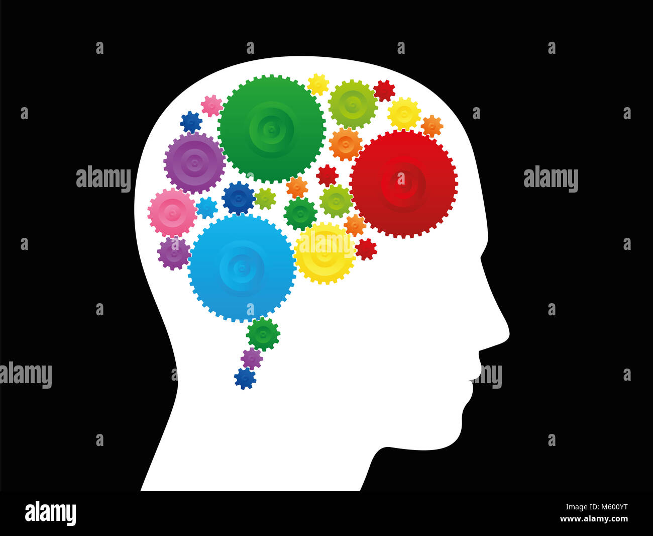 Thinking brain. Intelligence, creativity and ingenuity depicted with a brain with colorful cog wheels - illustration on black background. Stock Photo