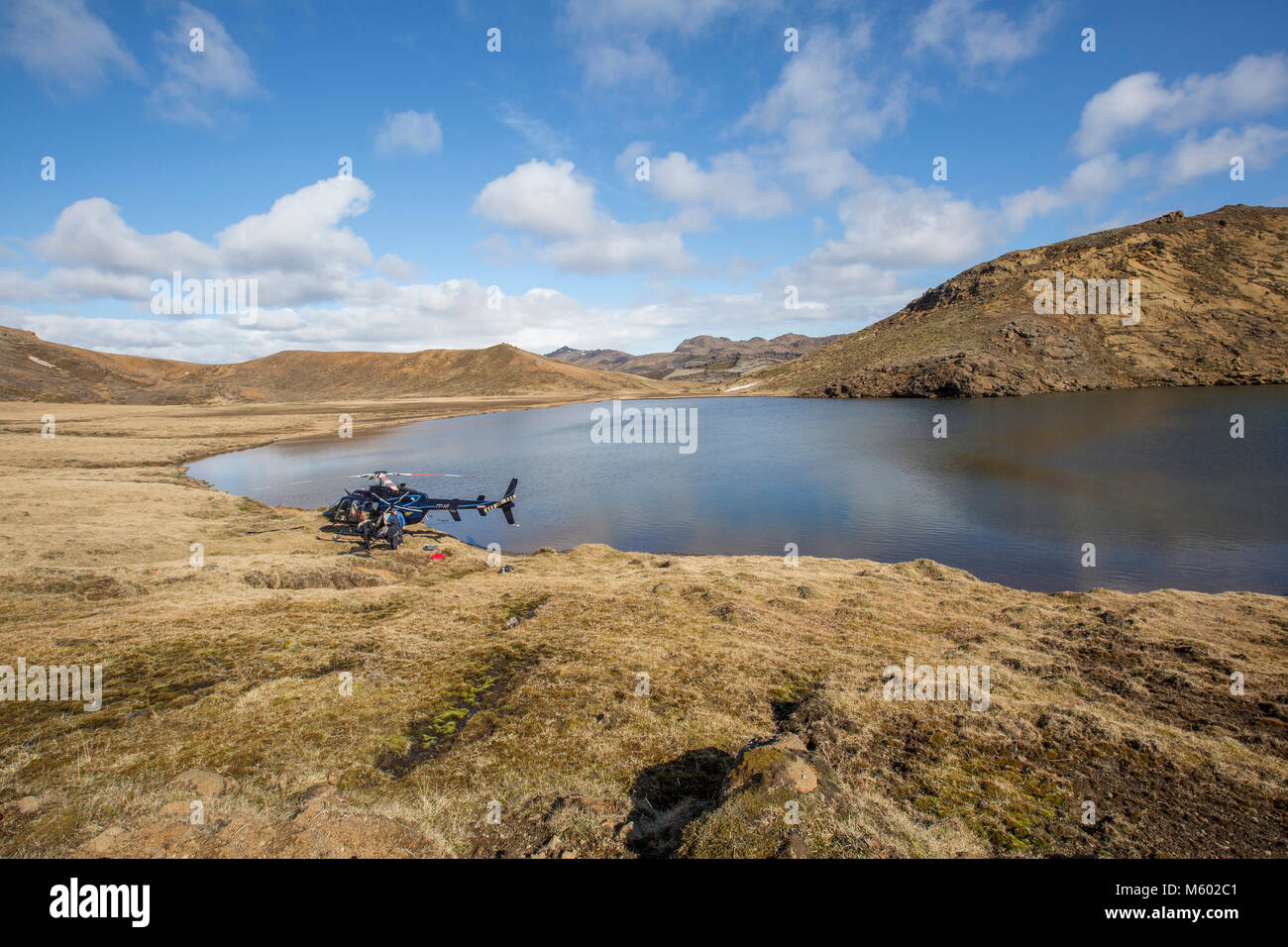 Heli-diving at a Mountain Lake, Iceland Stock Photo