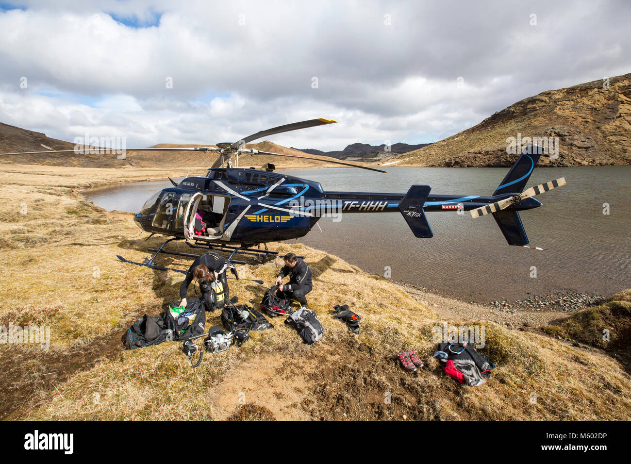 Heli-diving at a Mountain Lake, Iceland Stock Photo