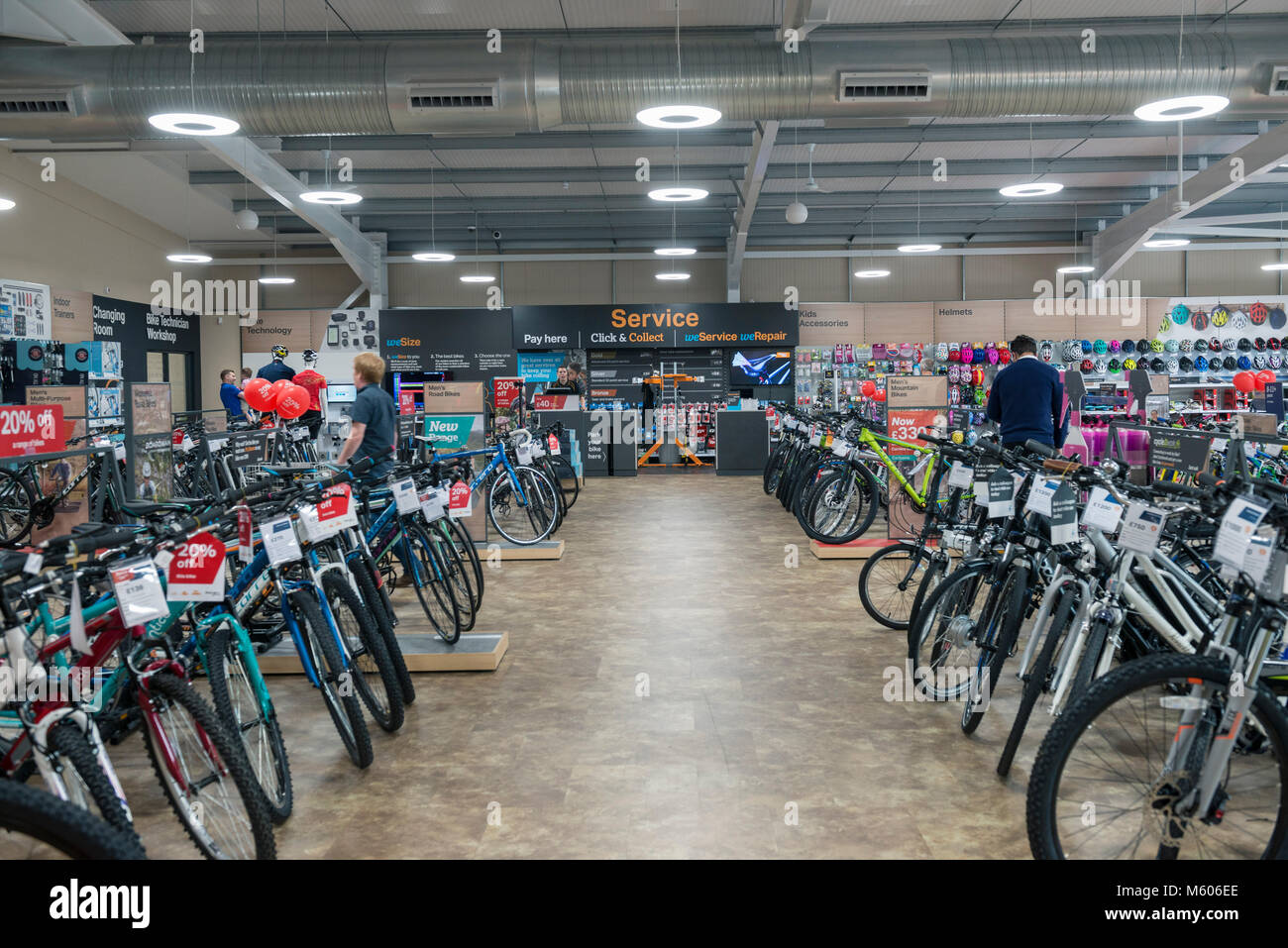 the sales floor of the bike department of a halfords store Stock Photo
