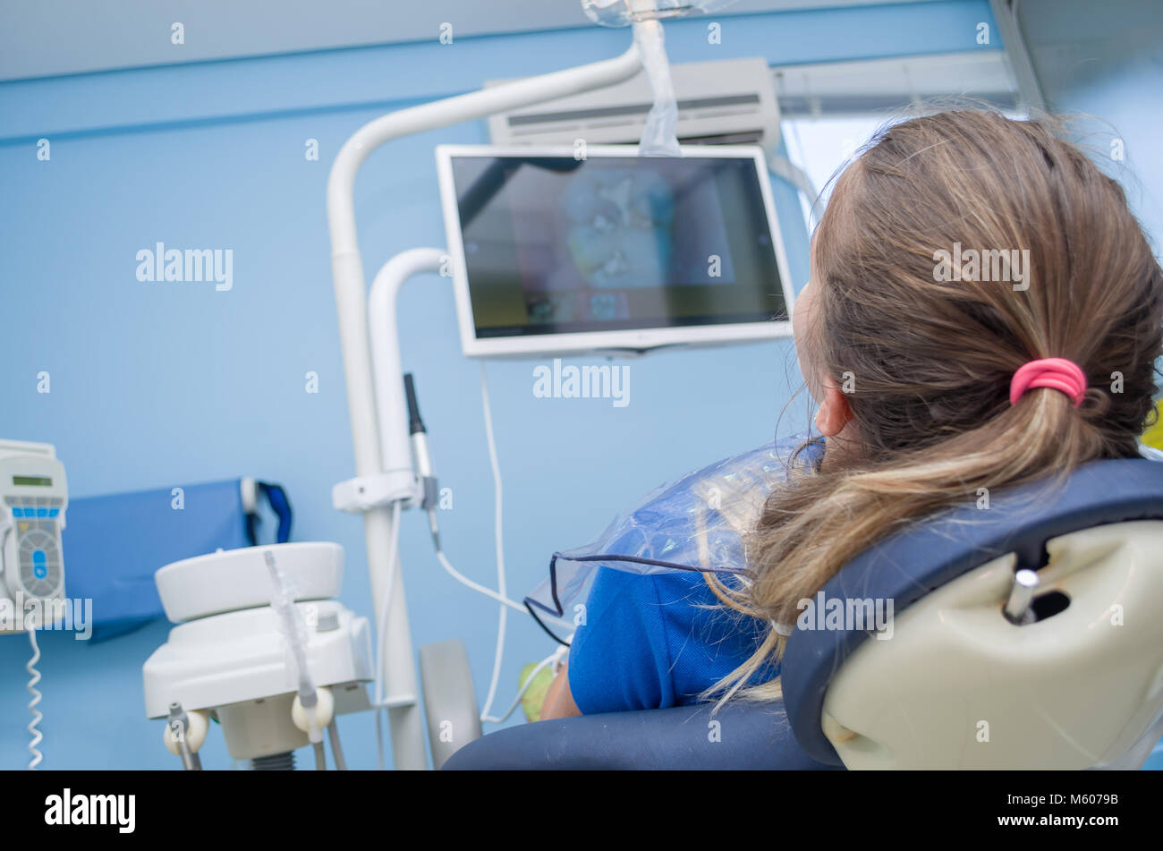 Great concept of dental procedure, Brazilian woman in the dental chair