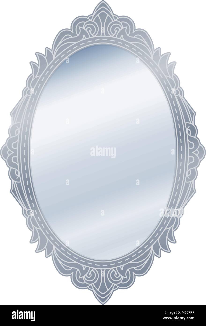 Mirror in retro vintage oval ornate silver border frame. Vector
