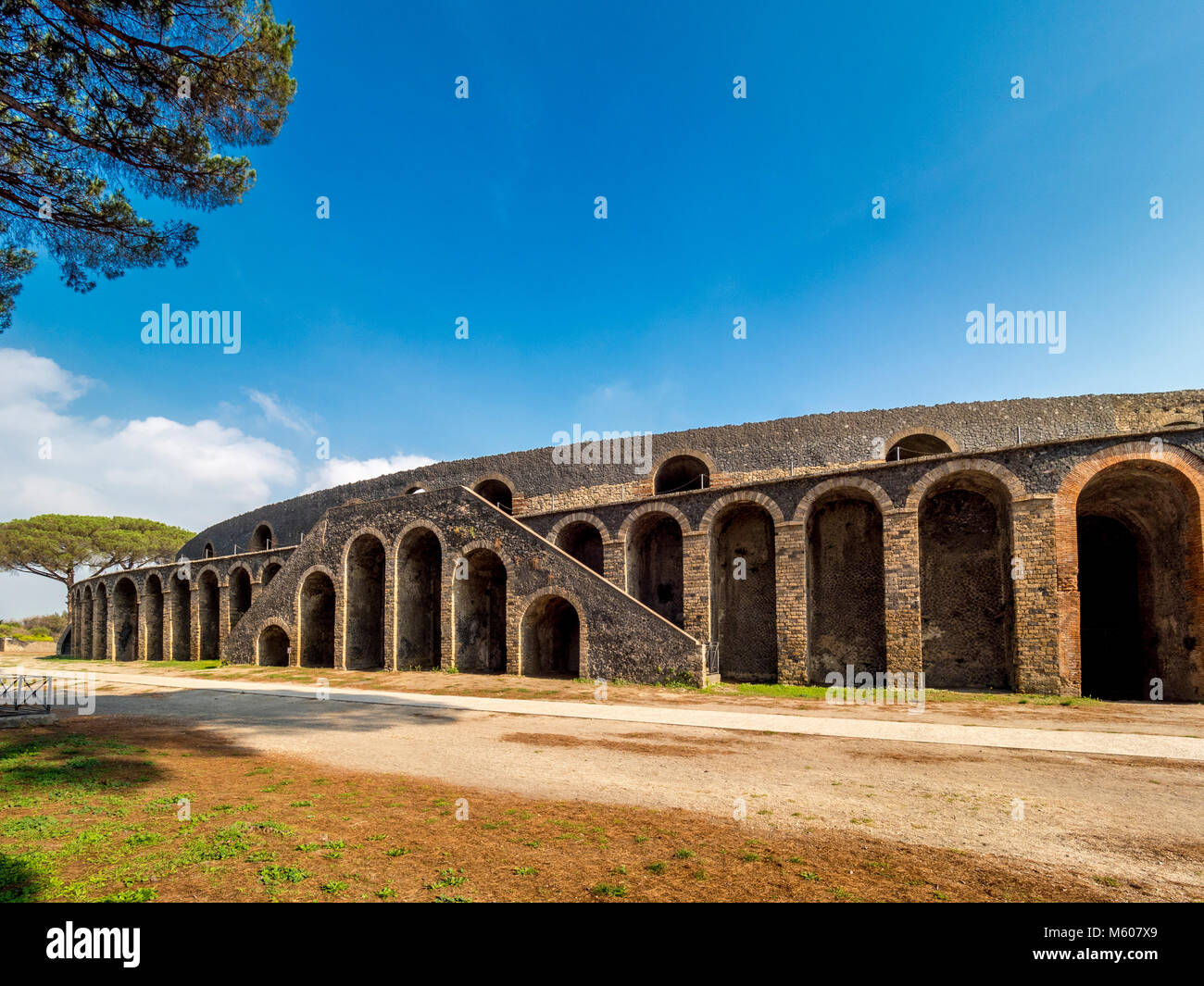 Amphitheatre of Pompeii. The oldest surviving Roman amphitheatre located in the ancient Roman city, buried by the eruption of Vesuvius Stock Photo
