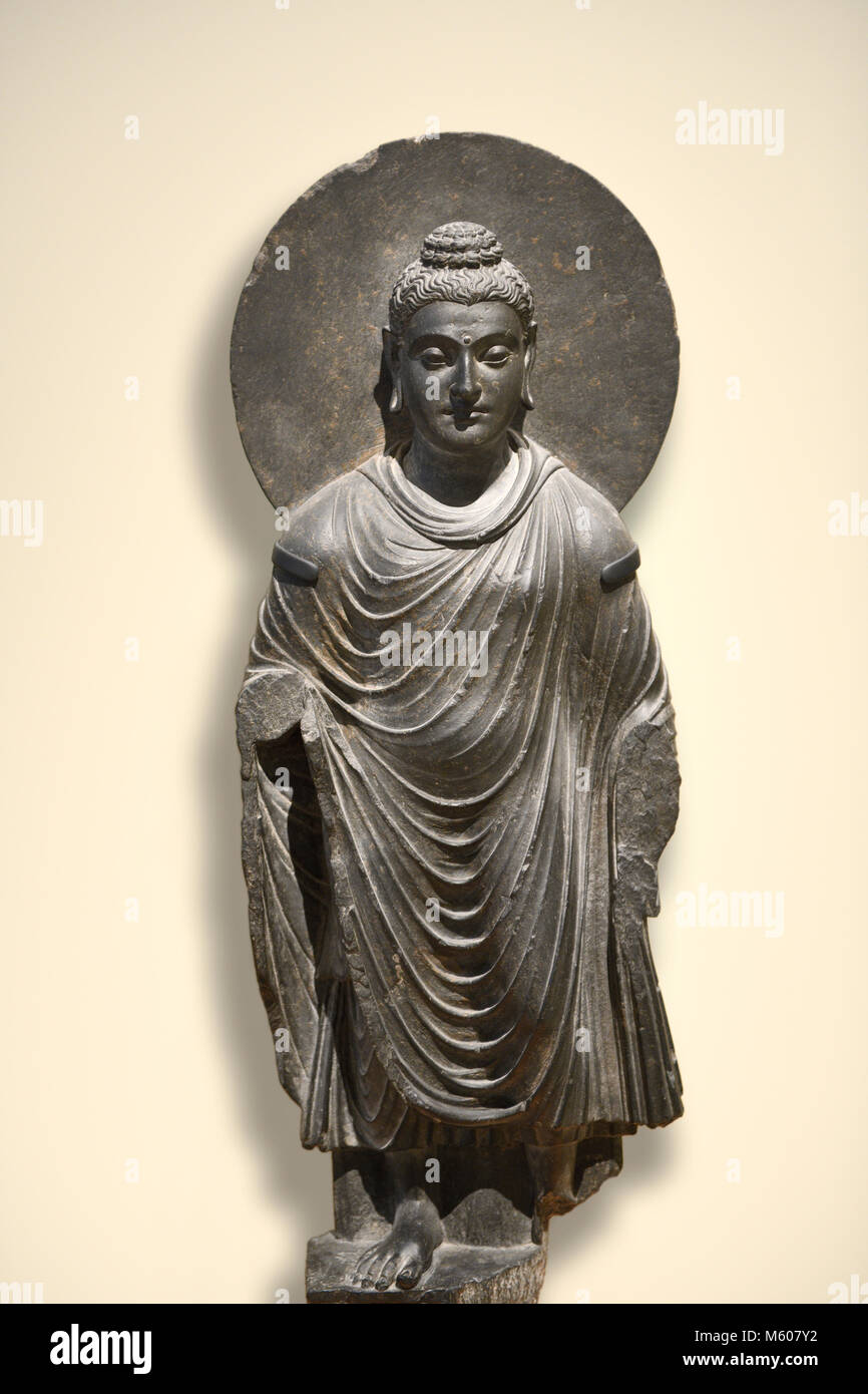 Standing Buddha Shakyamuni stone sculpture in grey schist with halo, urna forehead mark, ushnisha head bump and Greco-Roman toga Stock Photo