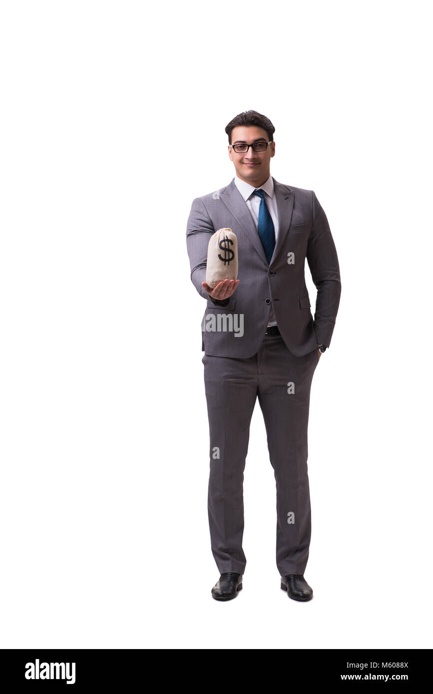 Businessman with money bag isolated on white background Stock Photo - Alamy
