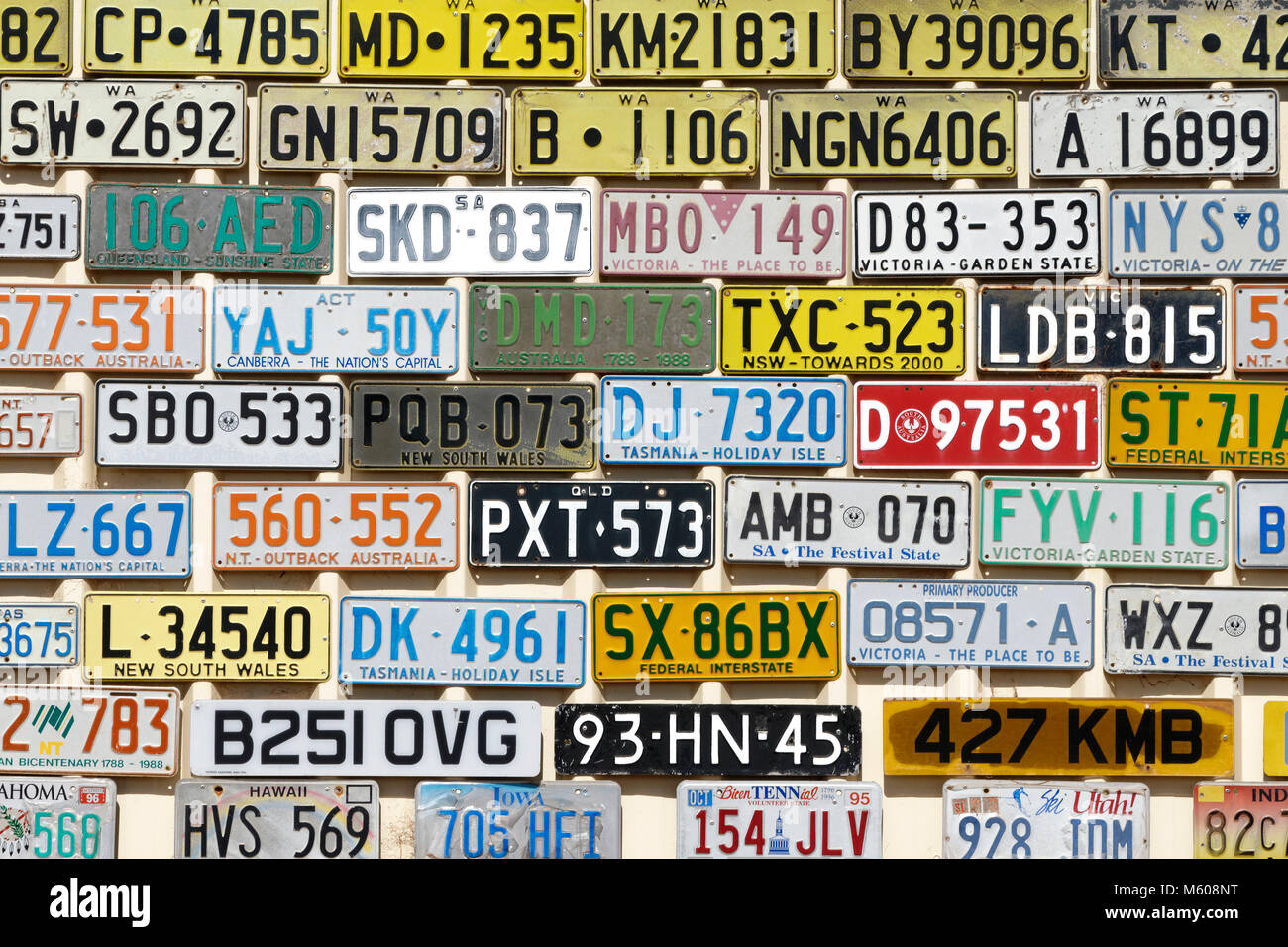 Collection of  motor vehicle registration plates displayed on wall, Australia Stock Photo