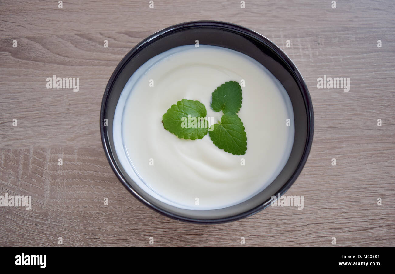 Ceramic bowl of white yogurt with mint leaves as decoration isolated on  wooden background from above, plain yoghurt. yogurt. yoghurt Stock Photo -  Alamy