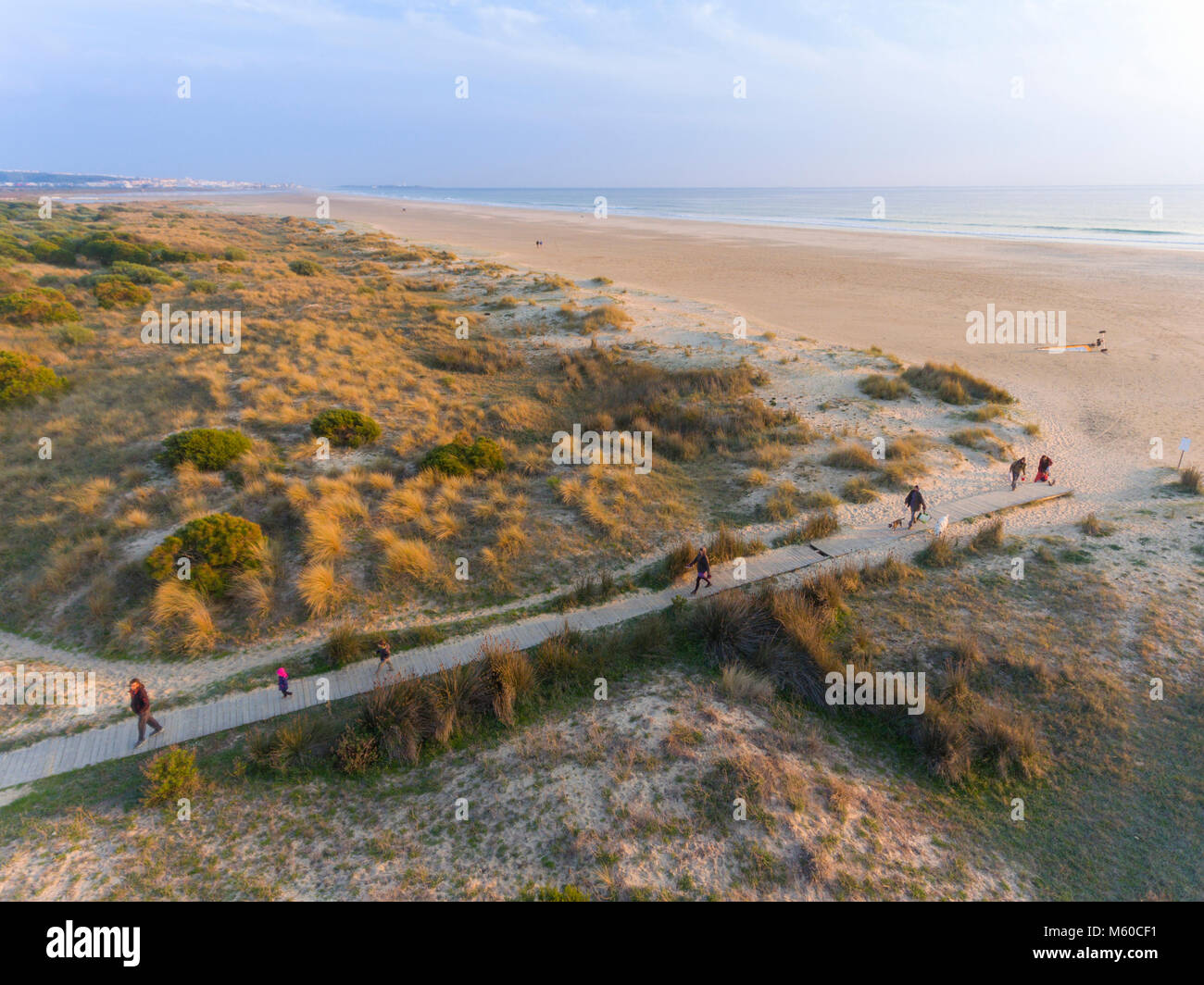Wooden path, Dos Mares beach, Tarifa, Costa de la Luz, Cadiz, Andalusia, Spain. Stock Photo