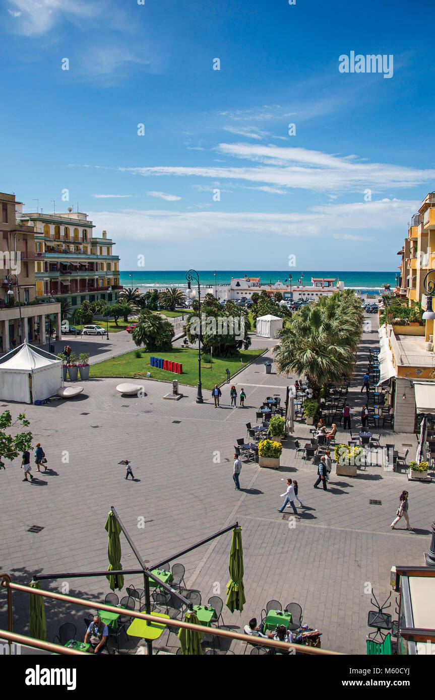 Ostia, Italy. Piazza Anco Marzio, the main square of Ostia, with the Mediterranean sea. The town