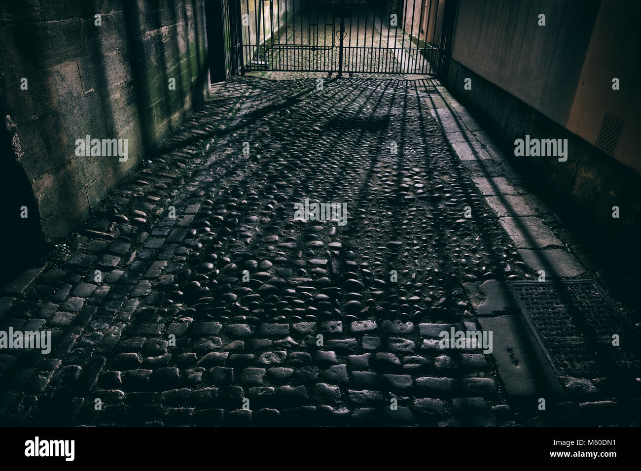 Logic lane. Dark cobbled lane along Merton street at night with long shadows. Oxford, Oxfordshire, England. Vintage filter applied Stock Photo