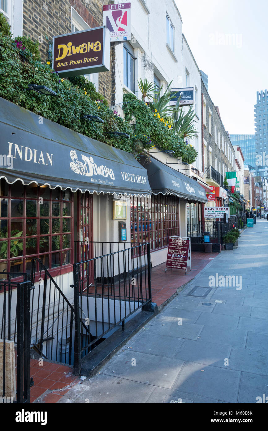 Indian vegetarian restaurants and Bhel Pooris on Drummond Street, Camden, London, NW1, UK Stock Photo