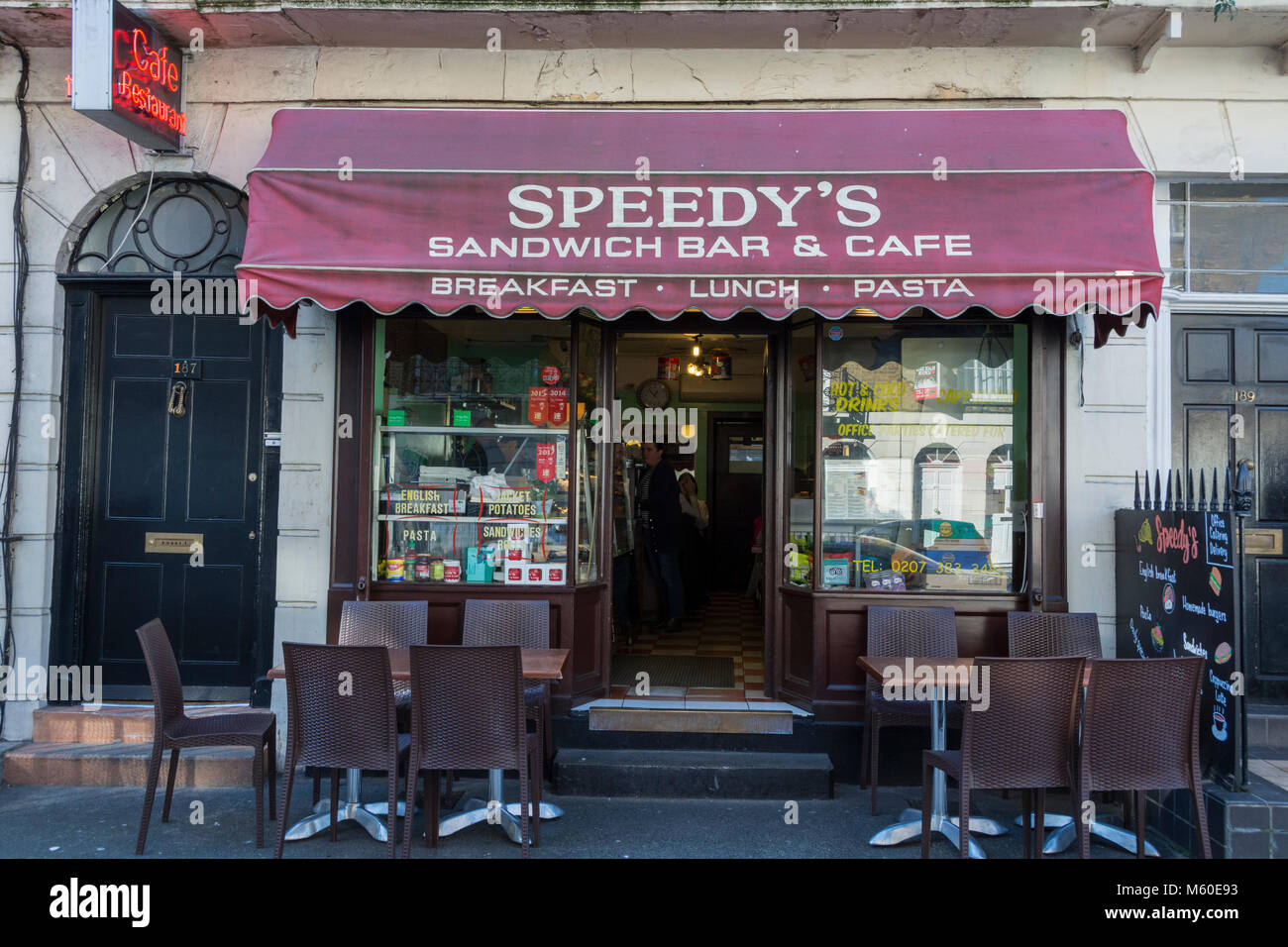 Speedy's Sandwich Bar (Sherlock Holme's Cafe!) and Cafe, North Gower Street, Kings Cross, London, NW1, England, UK Stock Photo