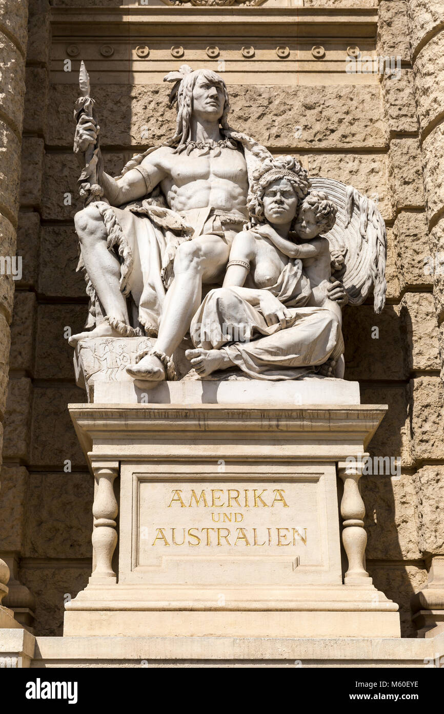 The America and Australian Sculpture outside the Naturhistorisches (Natural History) Museum, Vienna, Austria. Stock Photo