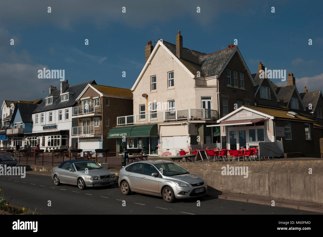 Shops, cafes and properties along East Walk in Seaton Stock Photo