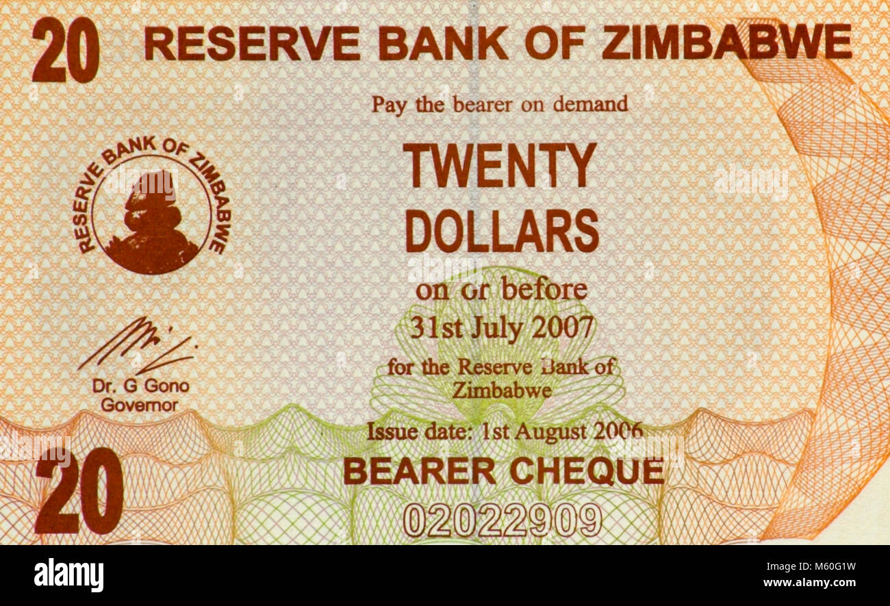 Zimbabwe Twenty 20 Dollar Bank Note Stock Photo