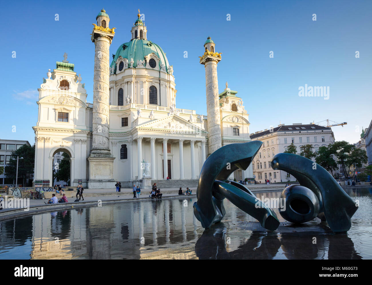 Karlskirche (St. Charles's Church) with Henry Moore sculpture, Karlsplatz, Vienna, Austria. Stock Photo