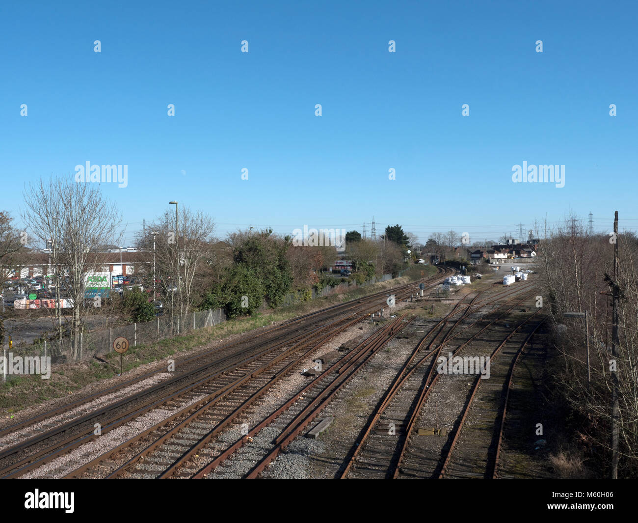 South western mainline railway track and sidings yard at Totton, Hampshire, England, UK Stock Photo