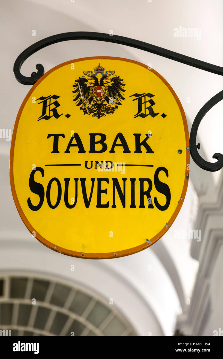 Old fashioned shop sign for tobacco and souvenirs, Wien, Vienna, Austria. Stock Photo